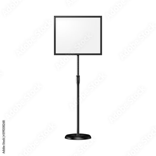 Poster sign stand. Floor standing display isolated on white background. Realistic vector mockup. Adjustable pedestal with blank board, mock-up. Template for design