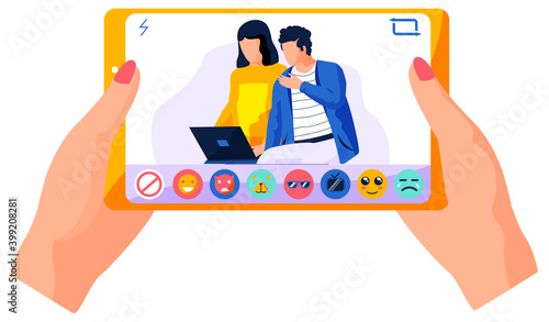 The girl is watching the broadcast from her smartphone. On video couple man and woman communicating. Female character can choose different reactions during live broadcast vector illustration