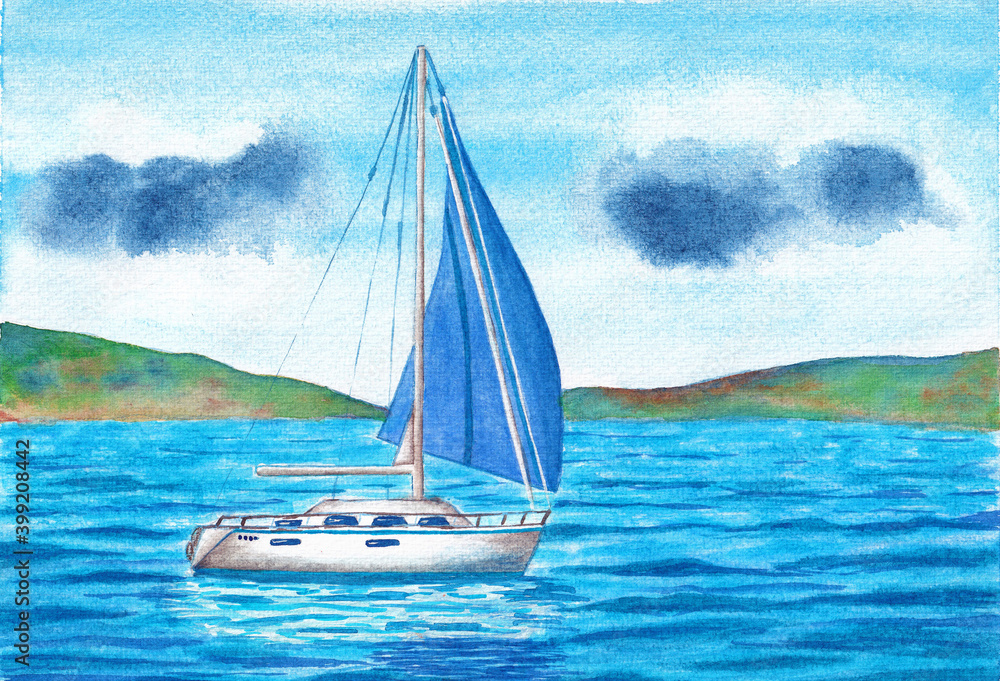 Naklejka premium White yacht with a blue sail in the sea. Seascape, hand painted watercolor illustration