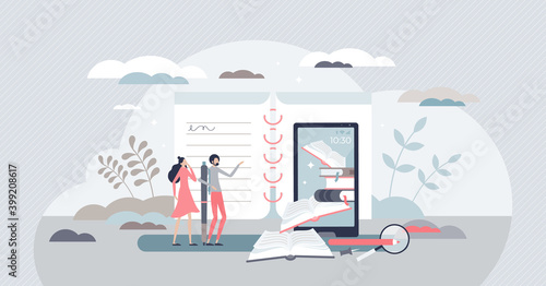 Online education and study with e-learning and study tiny person concept