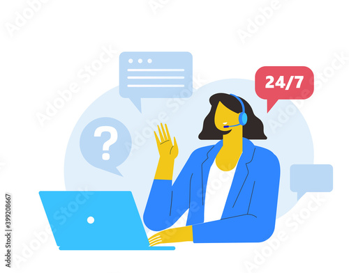 Customer support. Hotline operator. Concept illustration for support, call center. Woman with headphones and microphone with laptop. Flat Vector illustration