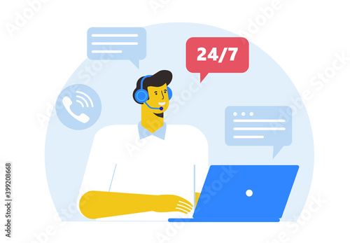 Customer support. Hotline operator. Concept illustration for support, call center. Man with headphones and microphone with laptop. Flat Vector illustration