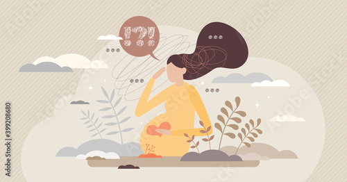 Pregnant woman anxiety and concern about newborn baby tiny person concept