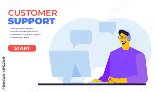 Customer support. Hotline operator. Concept illustration for support, call center. Man with headphones and microphone with laptop. Flat Vector illustration