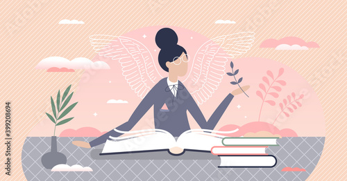 Reading books and literature to grow creative imagination tiny person concept
