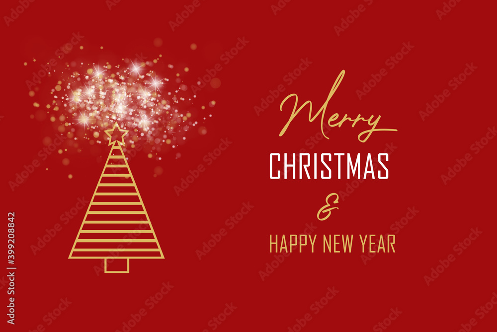 Wallpaper or a Banner with Merry Christmas and a happy new year on a red background with golden christmas tree and stars