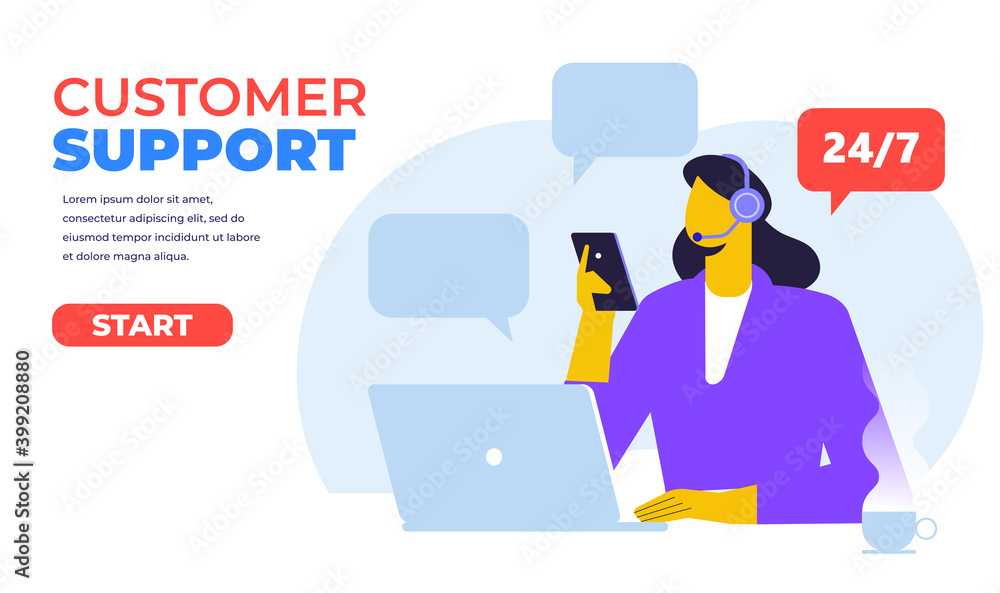Customer support. Hotline operator. Concept illustration for support, call center. Woman with headphones and microphone with laptop. Flat Vector illustration
