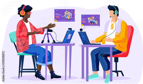 People communicate through podcasts and webinars. Men in recording studio sitting at a table with laptops. Internet technology, characters speaking into the microphone, guys talking at a distance