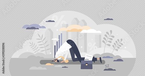 Denial as business problem ignorance with head in sands tiny person concept