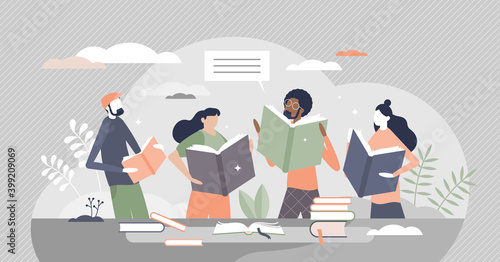 Friends reading books in library literature club meeting tiny person concept