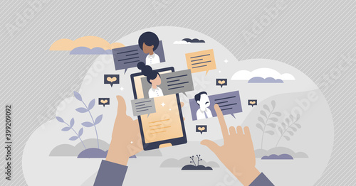 Friends virtual talking using online text message groups tiny person concept