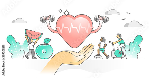 Healthy heart with fruit diet eating and physical training outline concept