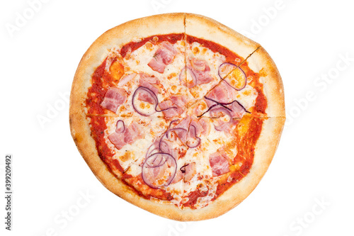 Isolated tasty pepperoni pizza. Top view of hot carbonara pizza isolated on white background.
