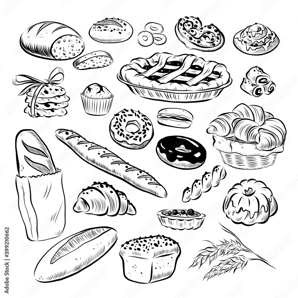 Collection of hand drawn baked goods outline bread, cookies, donuts