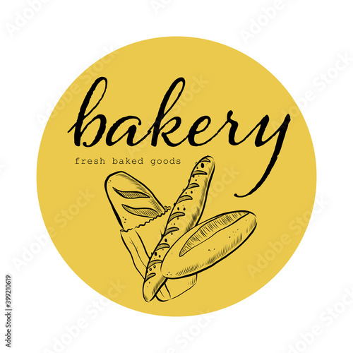 Bakery house logo design with hand drawn bread loaf and baguette illustration. Vector doodle style. For cafe brand emblem.
