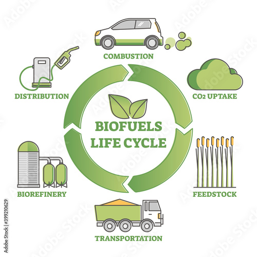 Biofuel life cycle diagram as production, consumption process outline concept