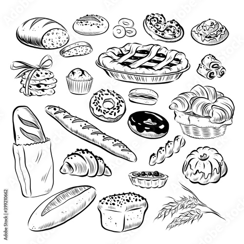 Collection of hand drawn baked goods outline bread, cookies, donuts, cupcakes, buns objects isolated on white background. Freehand drawing, sketch style. Vector illustration.