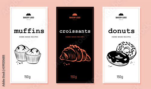 Collection of desserts labels with muffins, croisssants and donuts packaging. Hand drawn sketch style. Vector illustartion.