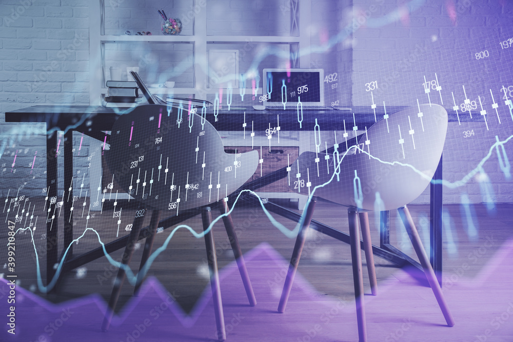 Multi exposure of financial graph drawing and office interior background. Concept of market analysis. Multi exposure of financial graph drawing and office interior background. Concept of market analysis.