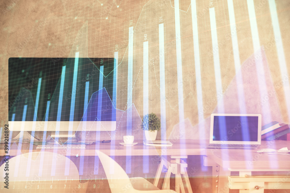 Multi exposure of financial graph drawing and office interior background. Concept of market analysis. Multi exposure of financial graph drawing and office interior background. Concept of market analysis.