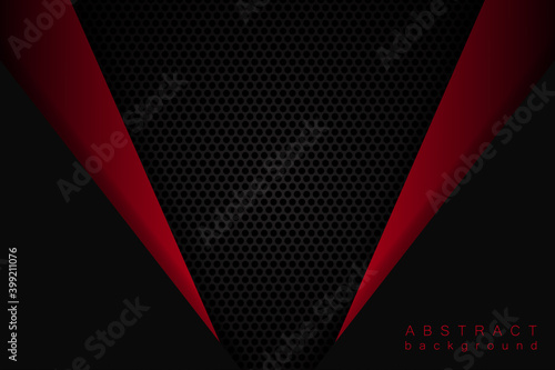 Black carbon textured pattern. Dark abstract background with carbon fiber and triangular shapes. Red and black geometric shapes.