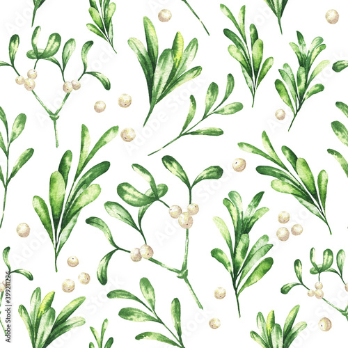 Mistletoe seamless floral pattern with green leaves and white Christmas season watercolor illustration. Botanical watercolour design.