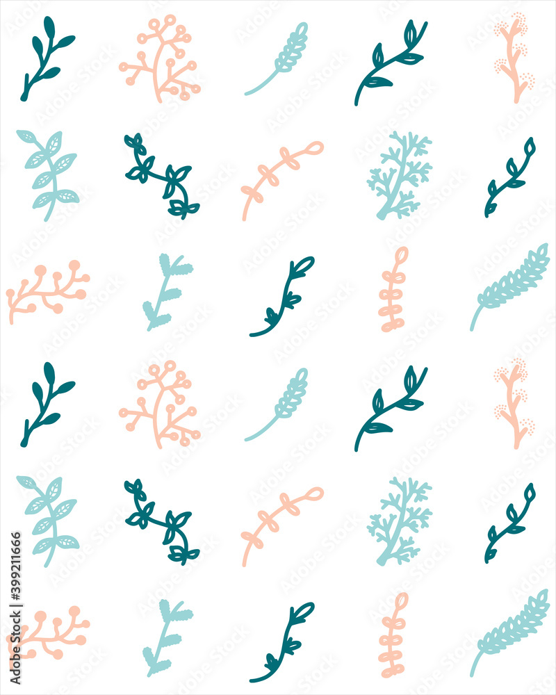 Green Branch Leaf Seamless Pattern Design Floral Plants on White Background. Modern exotic designs for paper art wallpaper cover, clothing wedding invitation, cloth fabric, interior decor illustration