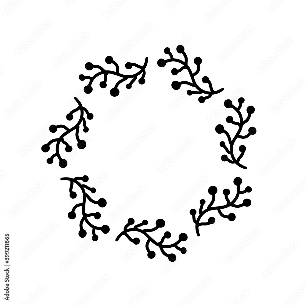 Fototapeta premium Wedding wreath black laurel ring divider on white backdrop. Round floral hand drawn Christmas, New Year plant circle branch frame design. Good to invitation greeting card, textile fabric t-shirt bag