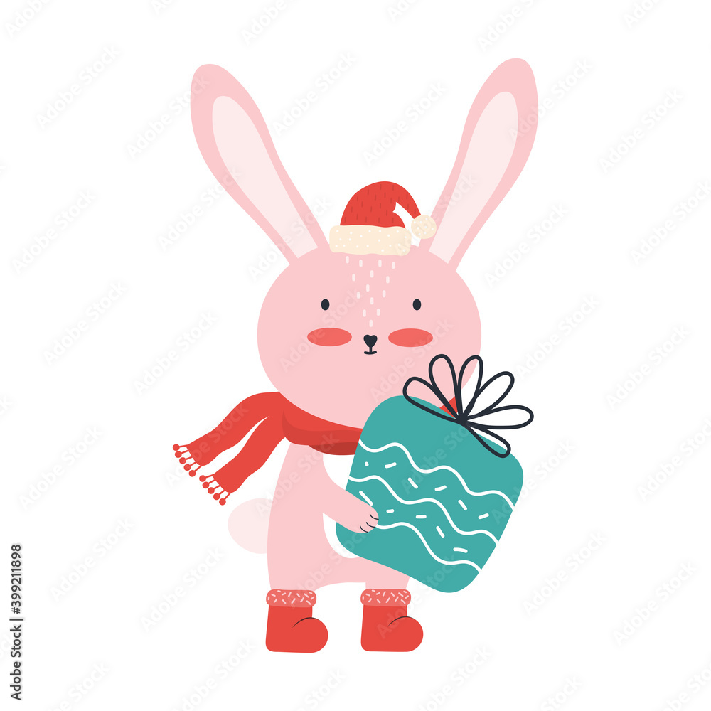 Obraz premium Cute pink baby rabbit in Santa hat with a big gift box. Christmas funny cartoon animal isolated on a white background. Bunny having fun on winter holidays. Happy new year. Vector flat illustration.