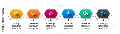 6 steps of a hexagonal design, clearly described and divided into steps. infographic.