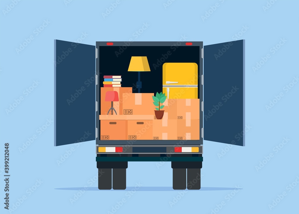 Delivery service concept. moving house. Open delivery truck with furnitures and cardboard boxes