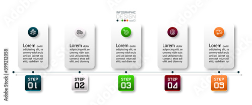 5 steps in the presentation to explain the work process in square shape design. vector infographic.