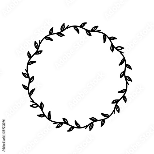 Round flower wreath frame cute branch leaves. Cute illustration for greeting card posters invitations art print baby shower wedding greeting. Sunburst handdraw border seamless pattern artwork design