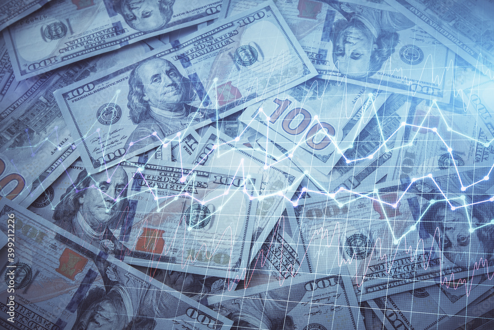Double exposure of forex graph drawing over us dollars bill background. Concept of financial markets. Double exposure of forex graph drawing over us dollars bill background. Concept of financial markets.