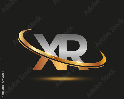 initial letter XR logotype company name colored gold and silver swoosh design. isolated on black background.
