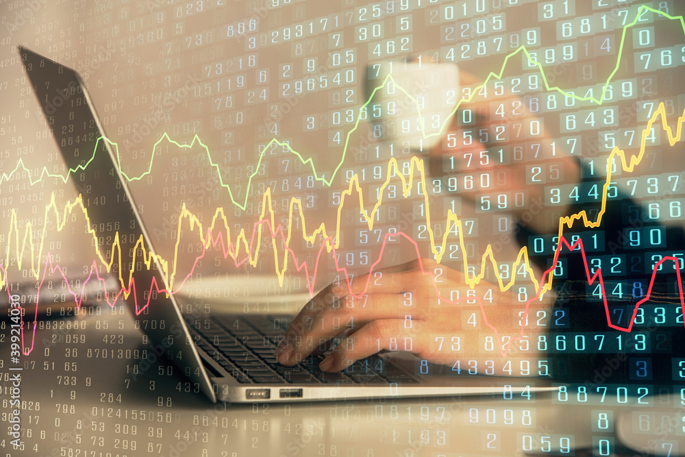 Double exposure of businesswoman hands typing on computer and forex graph hologram drawing. Financial analysis concept.