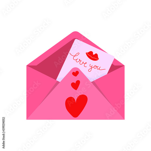 pink envelope with a letter with the words I love you and a heart. Valentines day concept. Flat illustration.