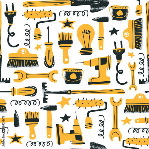 DIY store concept. Home renovation tools seamless pattern. Vector illustration of instruments and supplies in a flat style. Perfect for hardware store poster, flyer, wrapping paper or textile