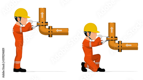 An industrial worker is fastening flange on white background.