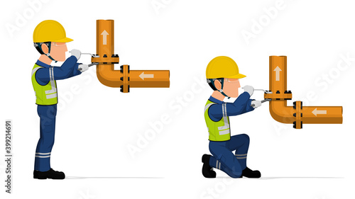 An industrial worker is fastening flange on white background.