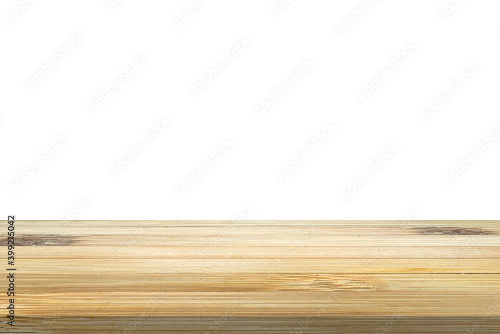Empty bamboo wood table top isolated on white background for product display montage