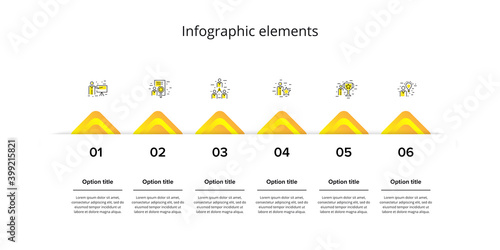 Business process chart infographics with 6 step squares. Circular corporate workflow graphic elements. Company flowchart presentation slide template. Vector info graphic design.