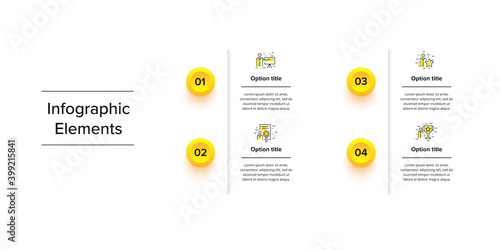 Business process chart infographics with 4 step circles. Circular corporate workflow graphic elements. Company flowchart presentation slide template. Vector info graphic design.