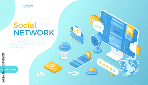 Social Network. Online communication, meetings, messages. Social network page on monitor and phone. Isometric vector illustration for website.