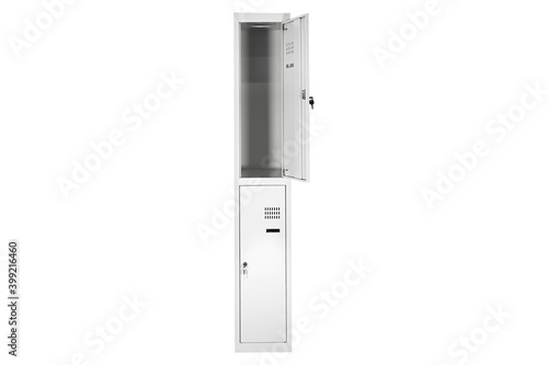 White lockers with silver numbers in bright interior. Change room metal box row