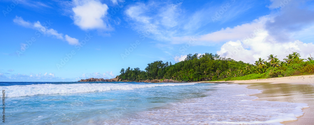 panorama of beautiful lonely tropical beach, police bay, seychelles