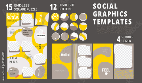 Social design templates. Set of endless editable square puzzle template, highlight buttons, stories cover. Ig collage, post frame. Trendy layout. Mockup for blog. Backgrounds vector illustration