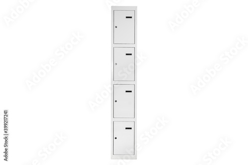 White lockers with silver numbers in bright interior. Change room metal box row