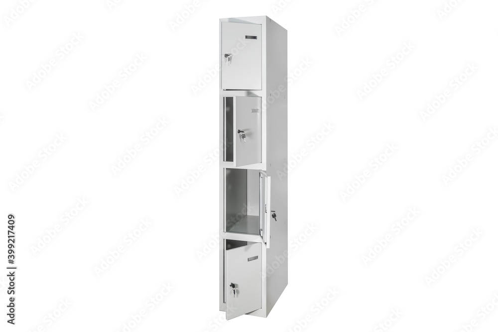White lockers with silver numbers in bright interior. Change room metal box row White lockers with silver numbers in bright interior. Change room metal box row