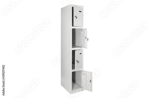 White lockers with silver numbers in bright interior. Change room metal box row